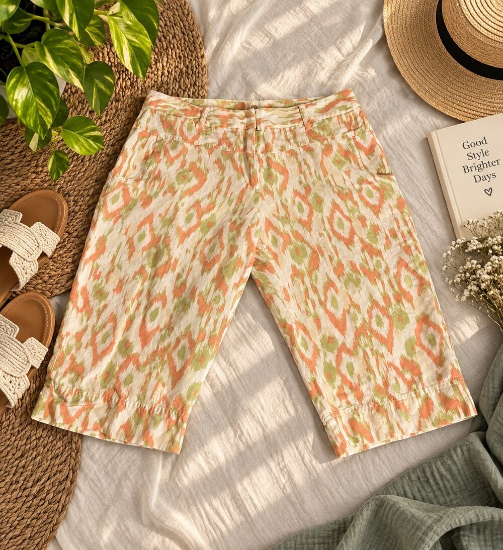 Ruby Rd Women’s Size 14 Linen Blend Ikat Bermuda Shorts Coral Green Boho